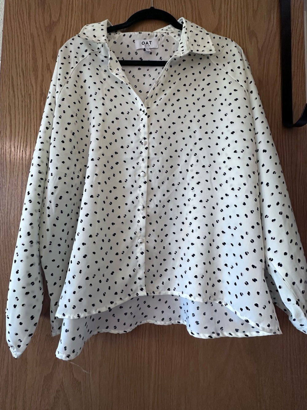 Oat New York Cream Button-Down Blouse with Black Dot Print